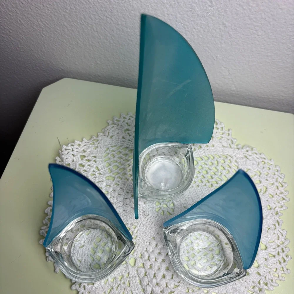 Design Ideas 3 Regatta Sailboat Votive Holders Blue Frosted Glass Nautical Decor